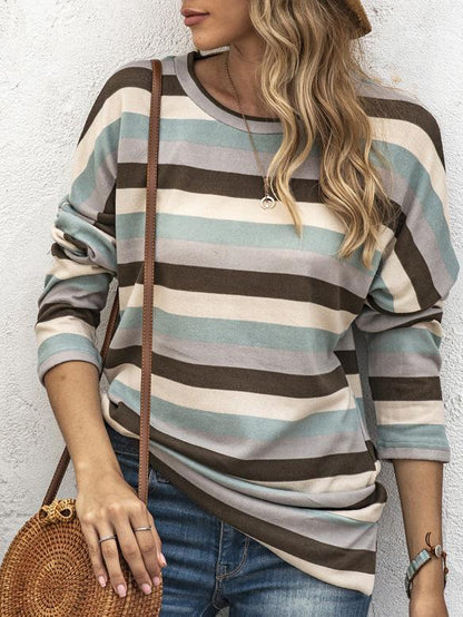 T-Shirts Multicolor Striped Round Neck Long Sleeve T-Shirt - LuckyFash™