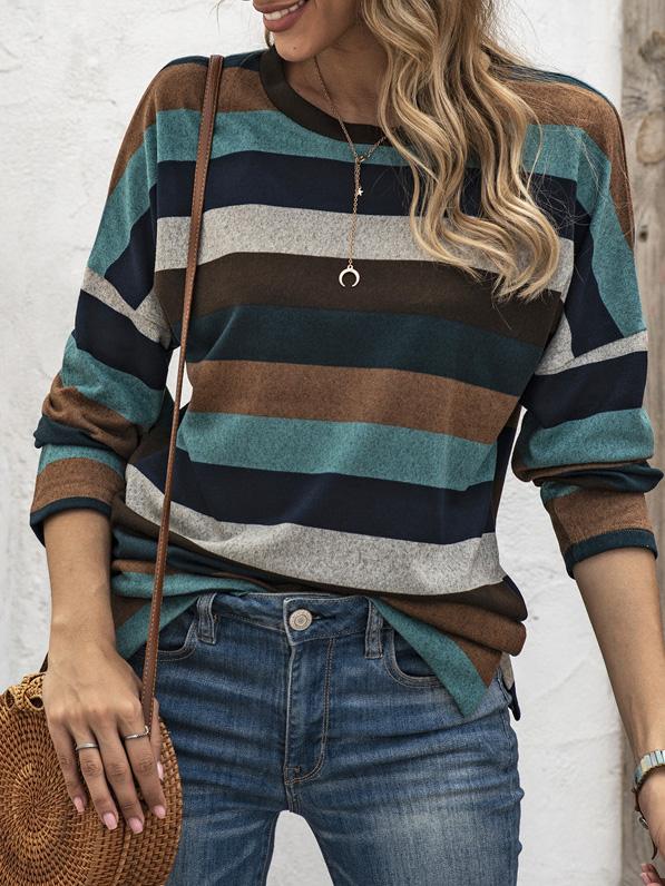 T-Shirts Multicolor Striped Round Neck Long Sleeve T-Shirt - LuckyFash™
