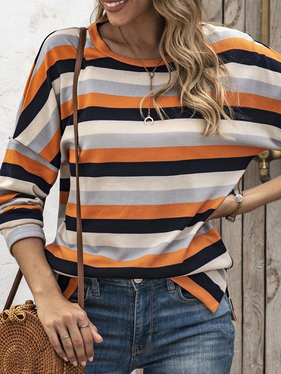T-Shirts Multicolor Striped Round Neck Long Sleeve T-Shirt - LuckyFash™