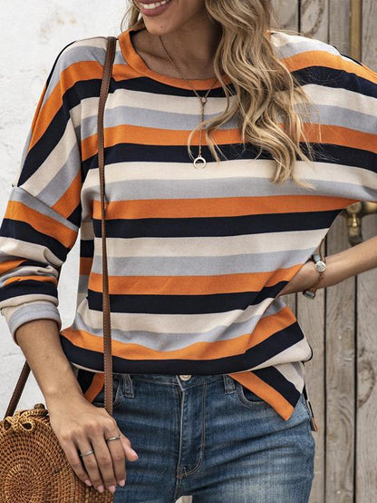 T-Shirts Multicolor Striped Round Neck Long Sleeve T-Shirt - LuckyFash™