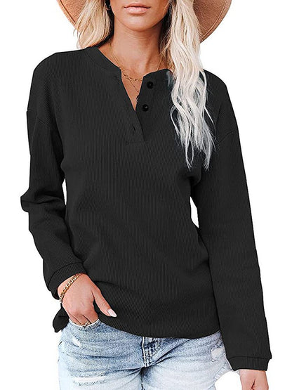 T-Shirts V Neck Button Solid Color Long Sleeve T-Shirt - LuckyFash™
