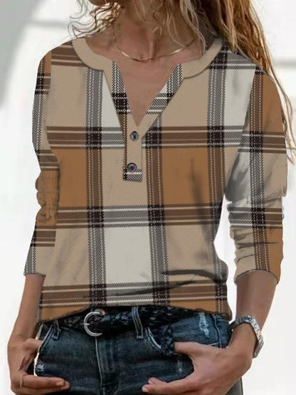 T-Shirts Vintage Check Print V-Neck Button Long Sleeve T-Shirt - LuckyFash™