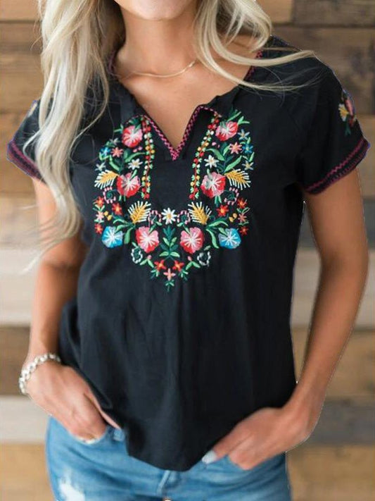 T-Shirts Vintage Embroidered V-Neck Short Sleeve T-Shirt - LuckyFash™