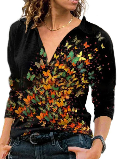 T-Shirts Vintage V Neck Lapel Long Sleeve T-Shirt - LuckyFash™