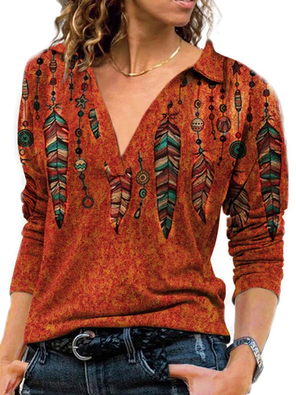T-Shirts Vintage V Neck Lapel Long Sleeve T-Shirt - LuckyFash™