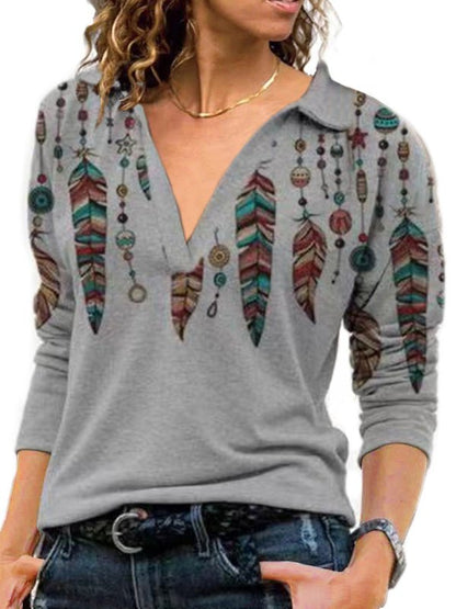 T-Shirts Vintage V Neck Lapel Long Sleeve T-Shirt - LuckyFash™