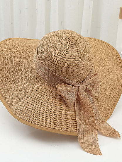 Women's Hat Straw Hat White Khaki Beige Lawn Festival Braided Bow Print Portable Windproof Breathable - LuckyFash™