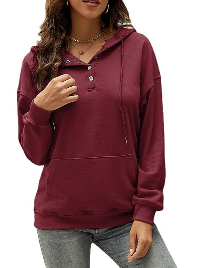 Hoodie Button Pocket Solid Colored Basic Hooded Standard Winter Wine Red Green Black Blue Pink for Women - LuckyFash™