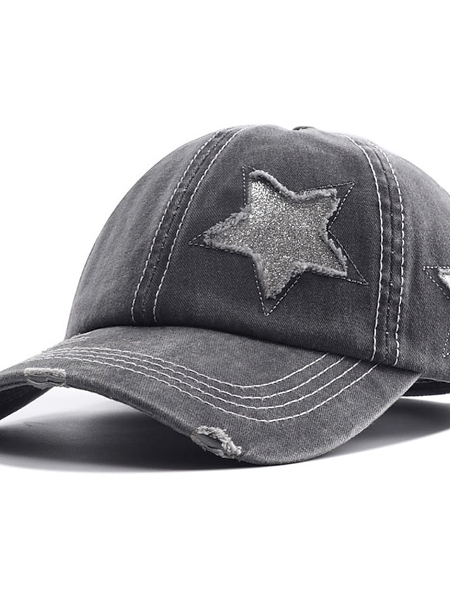 Men Washed Cotton Baseball Cap Glitter Star Embroidery Vintage Distressed Messy High Bun Ponytail Hole Trucker Hat Womens Adjustable Sun Hat - LuckyFash™