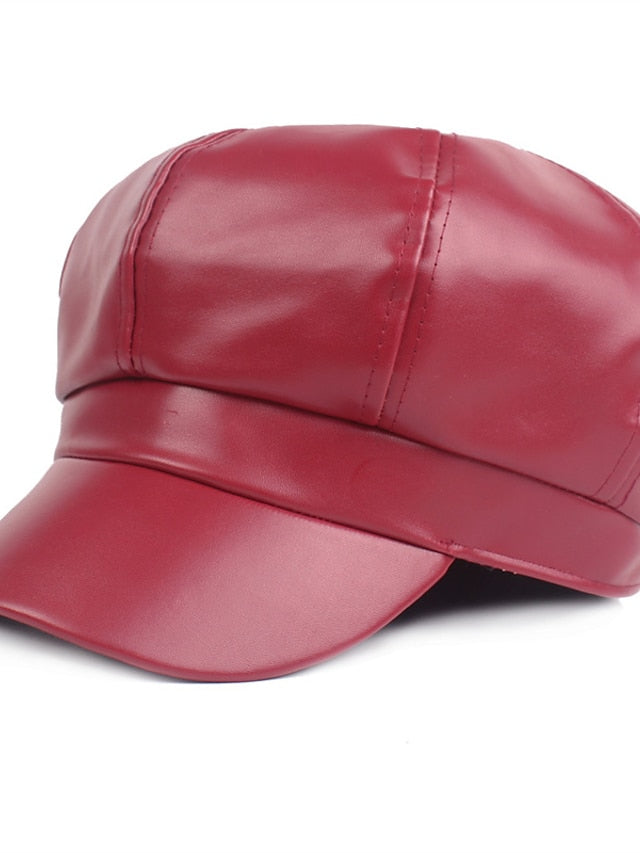 PU Beret Women's Spring Autumn Winter Black Newsboy British Vintage Street Painter's Hat Wine Red Hat Simple Style Berets Octagonal Hat - LuckyFash™