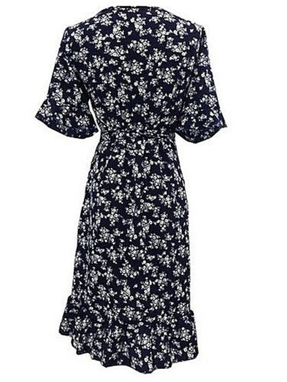 Women's Emerald Green Dress Wrap Dress Mini Dress Navy Blue Green Short Sleeve Floral Ruffle Summer Spring V Neck Basic Vacation Summer Dress Spring Dress 2023 S M L XL XXL - LuckyFash™