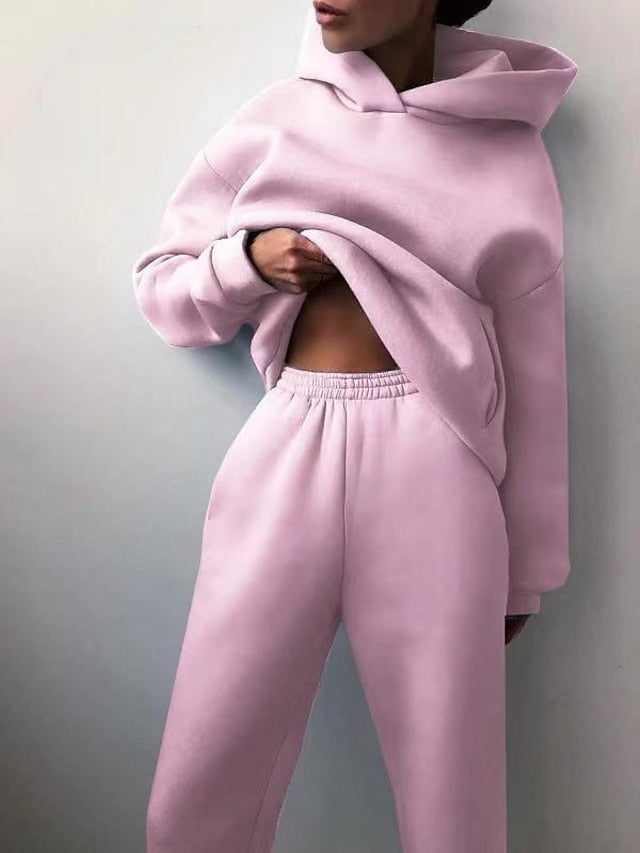Hoodie 2 Piece Solid / Plain Color Sports Regular Winter Creamy-white ArmyGreen Big red Purple Pink for Women - LuckyFash™
