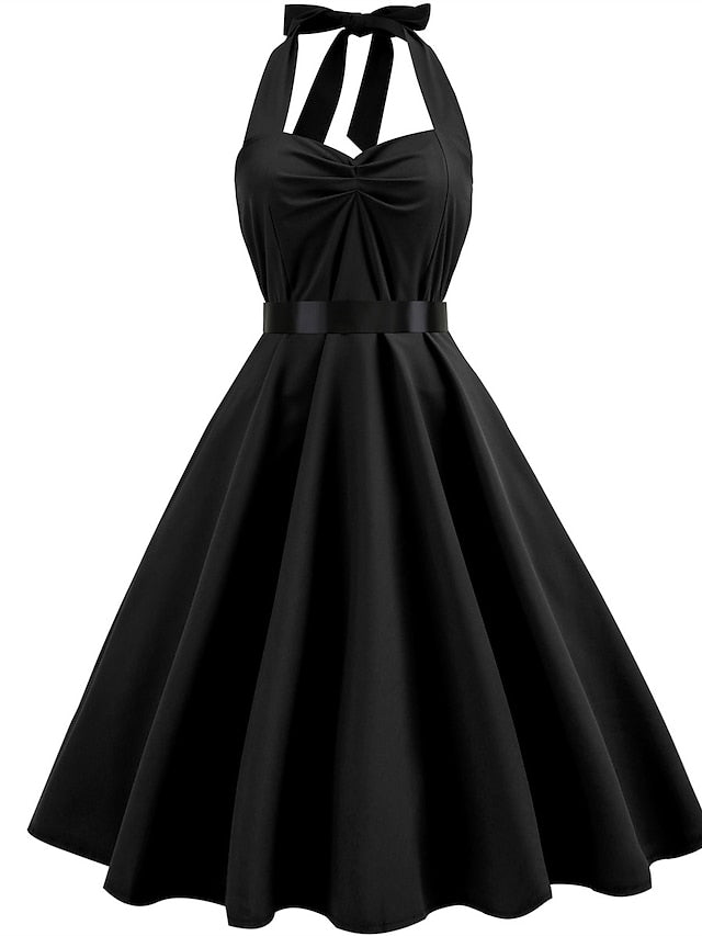 Women's Elegant Retro Vintage Tea Dresses Midi Dress Outdoor Daily Ruched Backless Plain Halter Sleeveless Regular Fit Summer Spring 2023 Black Blue S M L XL - LuckyFash™