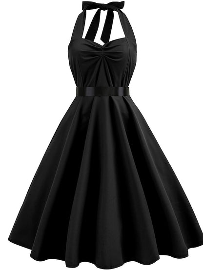 Women's Elegant Retro Vintage Tea Dresses Midi Dress Outdoor Daily Ruched Backless Plain Halter Sleeveless Regular Fit Summer Spring 2023 Black Blue S M L XL - LuckyFash™