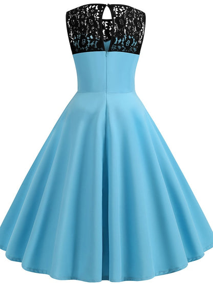 Women's Lace Dress Vintage Dress Swing Dress Midi Dress Light Blue Wine Red Black Sleeveless Print Lace up Summer Spring Fall Crew Neck 1950s Party Spring Dress 2023 S M L XL XXL - LuckyFash™