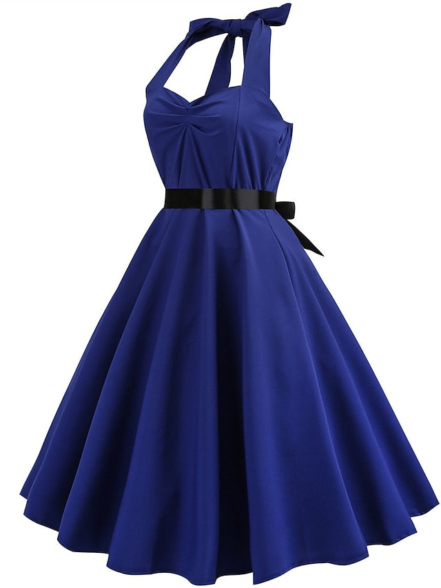 Women's Elegant Retro Vintage Tea Dresses Midi Dress Outdoor Daily Ruched Backless Plain Halter Sleeveless Regular Fit Summer Spring 2023 Black Blue S M L XL - LuckyFash™