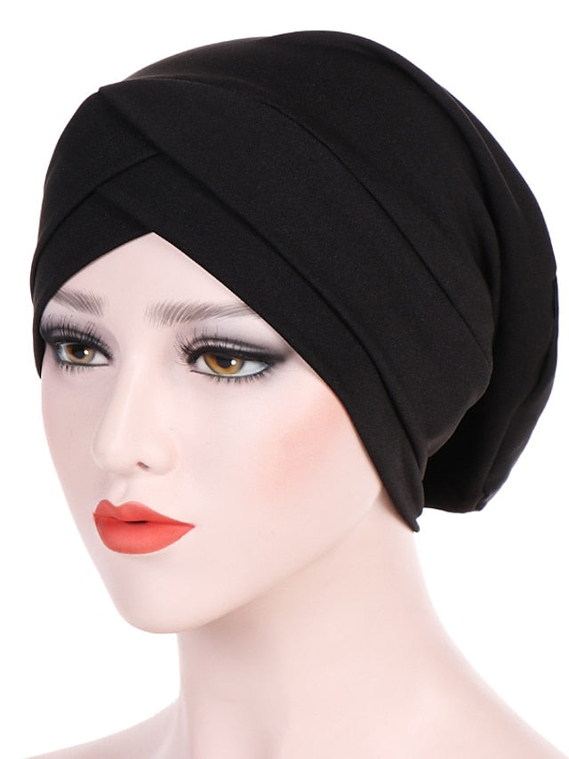 Solid Stretch Fabric Forehead Cross India Cap Turban Hat Women Elastic Turban Muslim Hijab Islamic India Hair Loss Caps Scarf Headwraps - LuckyFash™