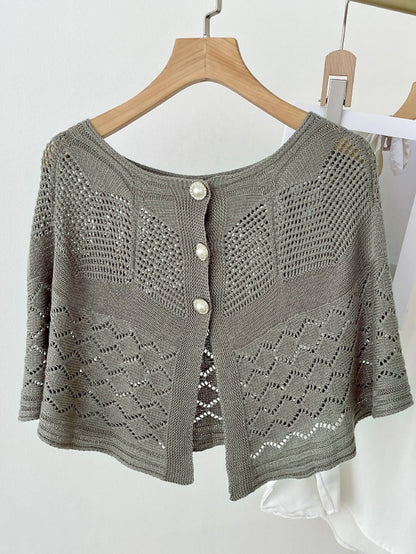 Solid Color Knitted Hollow Shawl Women's Summer Air-conditioned Elegant Vest with Pearl Button Womens Cape Sunscreen Fake Collar - LuckyFash™