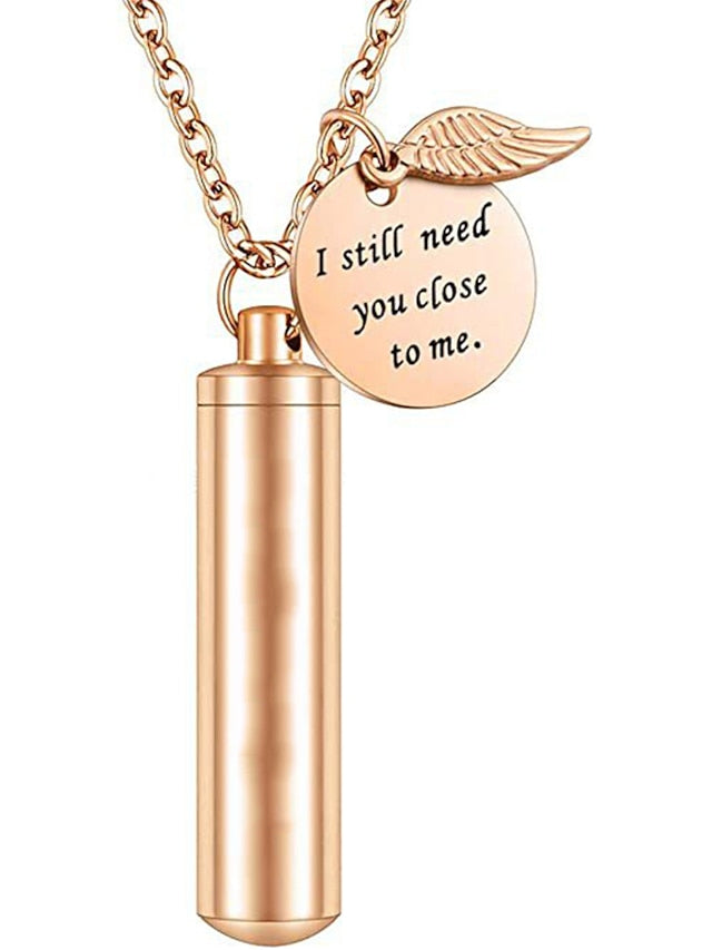 cylinder urn necklace for ashes cremation jewelry/keychain for human pet stainless steel memorial keepsake pendant with angel wing charm ashes jewelry-silver m - LuckyFash™