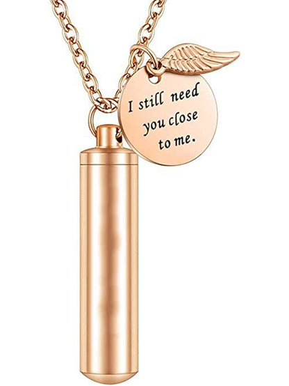 cylinder urn necklace for ashes cremation jewelry/keychain for human pet stainless steel memorial keepsake pendant with angel wing charm ashes jewelry-silver m - LuckyFash™