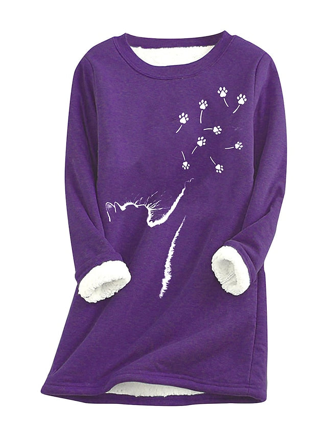 Women's Fleece Pullover Sweatshirt Wine Red West Red Black Animal Cat Print Long Sleeve Home Daily Basic Casual Sherpa Fleece Crew Neck Cotton L - LuckyFash™