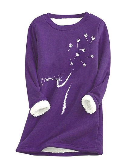 Women's Fleece Pullover Sweatshirt Wine Red West Red Black Animal Cat Print Long Sleeve Home Daily Basic Casual Sherpa Fleece Crew Neck Cotton L - LuckyFash™