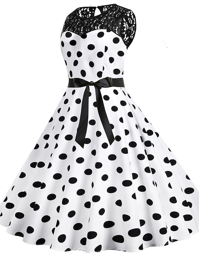 Women's Elegant Retro Vintage Dress Midi Dress Outdoor Holiday Lace Polka Dot Crew Neck Sleeveless Regular Fit Summer Spring 2023 Black White S M L XL - LuckyFash™