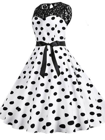 Women's Elegant Retro Vintage Dress Midi Dress Outdoor Holiday Lace Polka Dot Crew Neck Sleeveless Regular Fit Summer Spring 2023 Black White S M L XL - LuckyFash™