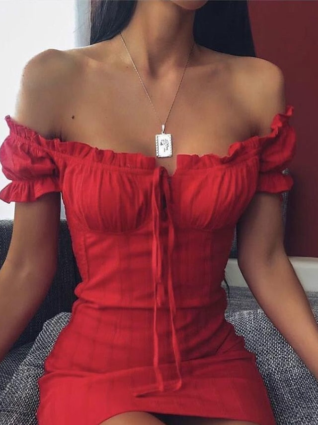 Women's Holiday Dress Sheath Dress Mini Dress Red Short Sleeve Pure Color Patchwork Summer Spring Off Shoulder Sexy Slim 2023 S M L XL - LuckyFash™
