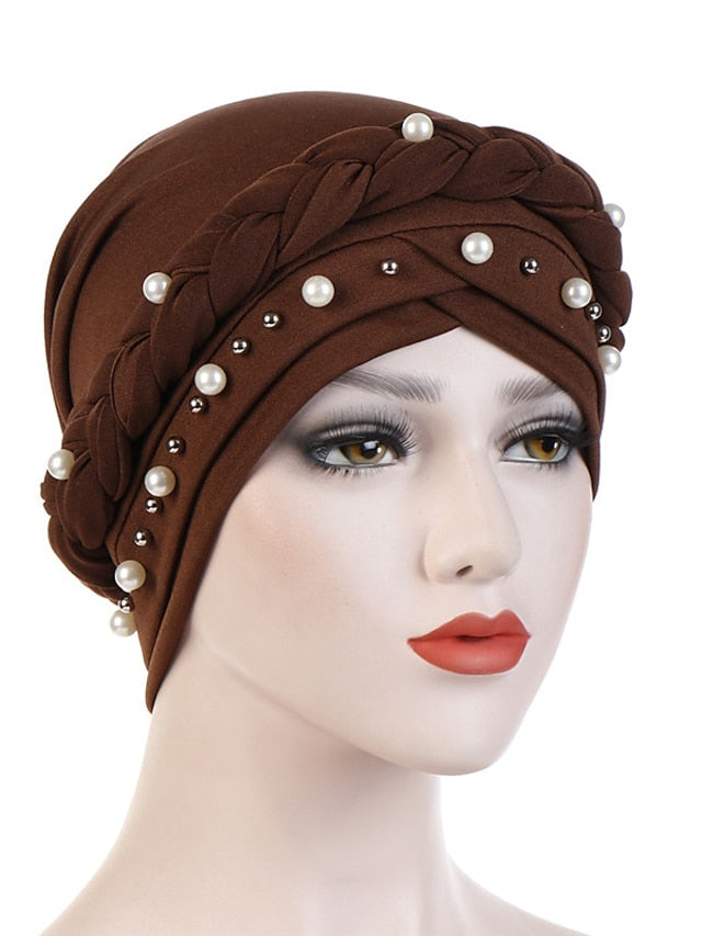 Women Fashion Pearls Muslim Scarf Hijabs Hat Women India Hat Solid Turban Hat Wrap Cap Head Scarf Headscarf Hat Female Hair Accessories - LuckyFash™