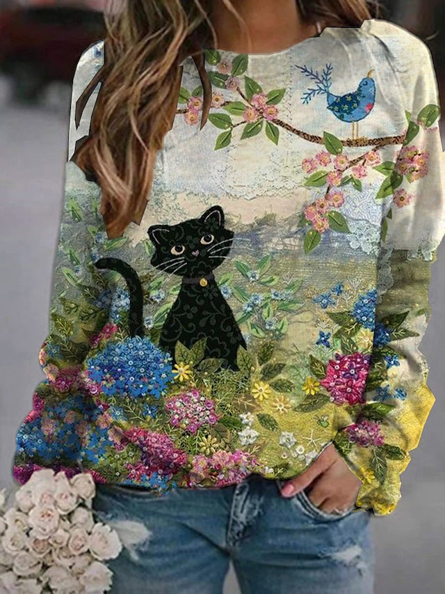 Women's Hoodie Sweatshirt Pullover Basic Casual Print Green Graphic Cat 3D Daily Round Neck Long Sleeve - LuckyFash™