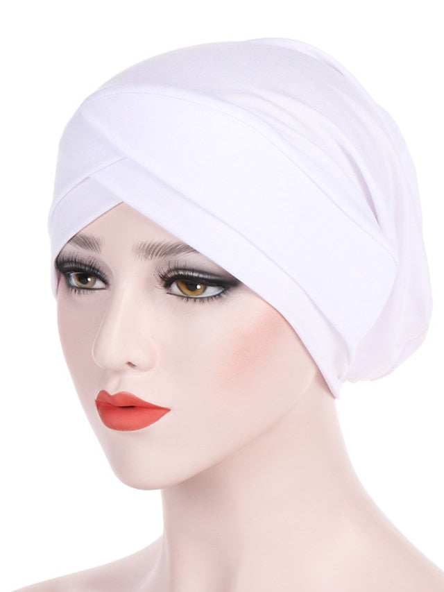 Solid Stretch Fabric Forehead Cross India Cap Turban Hat Women Elastic Turban Muslim Hijab Islamic India Hair Loss Caps Scarf Headwraps - LuckyFash™