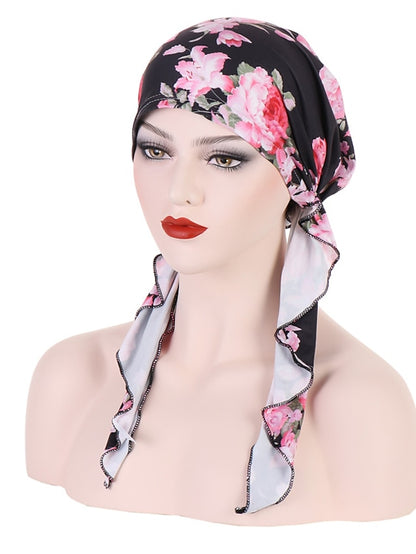 Women Printed Pre-tie Headscarf Elastic Muslim Female Turban Soft Hat Hair Loss Cover Head Wrap Headwear Stretch Bandana - LuckyFash™