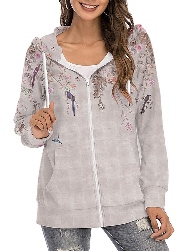 Women's Hoodie Zip Hoodie Sweatshirt Pullover Active Streetwear Zipper Print Green Brown Light Green Floral Graphic Prints Daily Hooded Long Sleeve S M L XL XXL / 3D Print - LuckyFash™