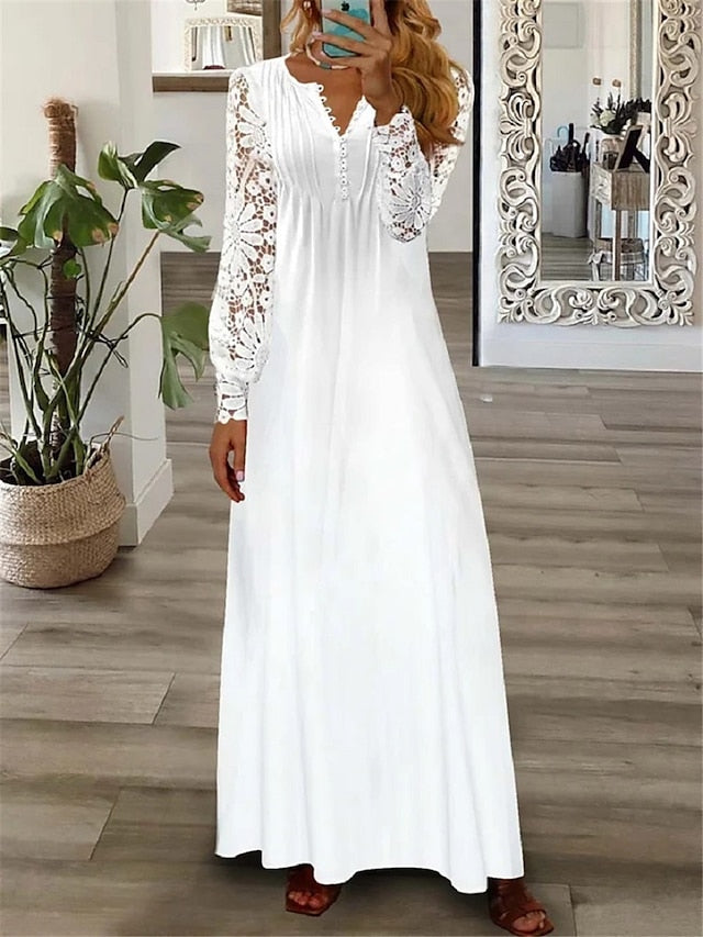 Floral Lace Pleated Dresses Eyelet Long Dress Maxi Dress A Line Dress Print Dress Fashion Casual Outdoor Daily Button Long Sleeve V Neck Regular Fit White Pink Red Spring Summer S M L XL for Women - LuckyFash™
