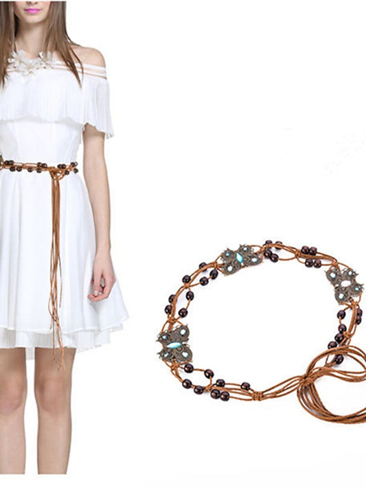 Women's Belt Wood Champagne Blue Chain Home Beach Multicolor - LuckyFash™