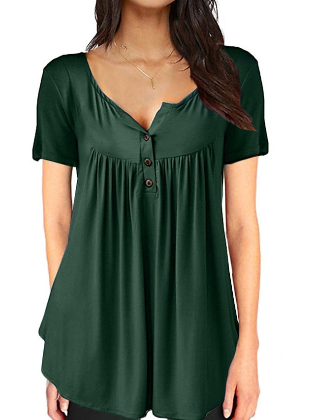 Women's Henley Shirt T shirt Tee Black White Red Plain Button Short Sleeve Casual Daily Basic Daily Casual Round Neck Long S - LuckyFash™