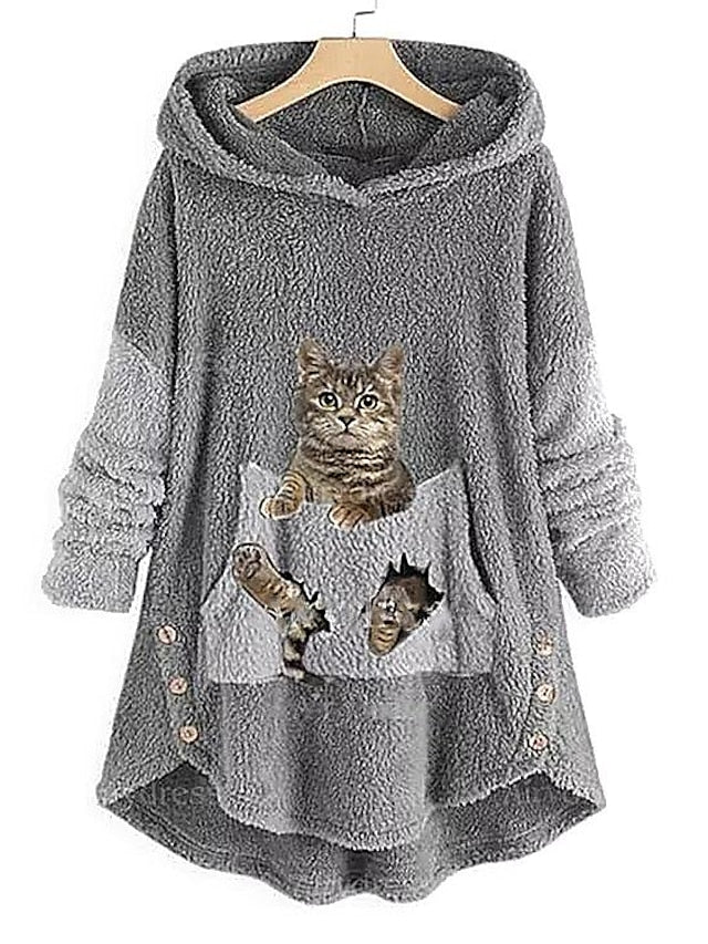Fleece Hoodie Green Pink Grey Hooded Cat 3D Front Pocket Print Casual Streetwear 3D Print Fleece Active Fuzzy Clothing Apparel Hoodies Sweatshirts  / Fleece lined for Women - LuckyFash™