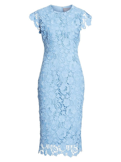 Womenâ€˜s Lace Dress Sheath Dress Midi Dress Blue Short Sleeve Solid Color Lace Spring Summer Round Neck Classic & Timeless Party 2023 S M L XL - LuckyFash™