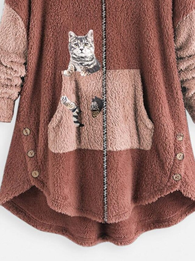 Hoodie Sweatshirt Pullover Pullover Sherpa Fleece Teddy Zip Up Front Pocket Pink Green Dark Grey Cat Street Hoodie Plus Size Long Sleeve Fleece for Women - LuckyFash™