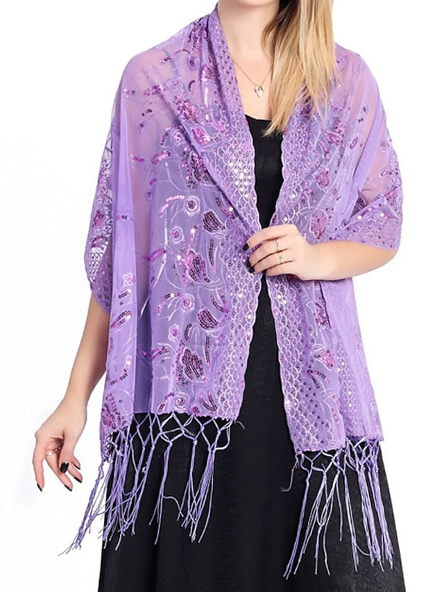 Women's Women's Shawls & Wraps Party Wedding Indoor Light Blue Black White Scarf Embroidered Flower - LuckyFash™