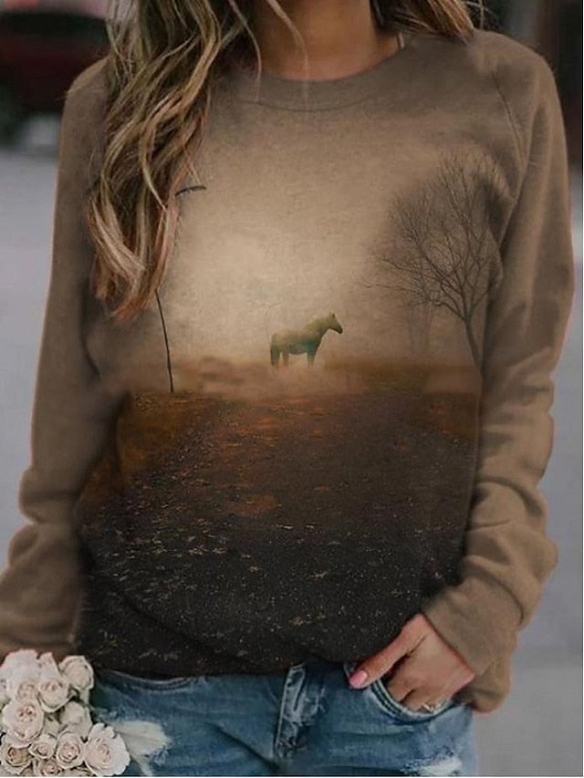 Women's Hoodie Sweatshirt Pullover Streetwear Casual Purple Yellow Khaki Graphic Horse Loose Fit Daily Round Neck Long Sleeve S M L XL XXL - LuckyFash™