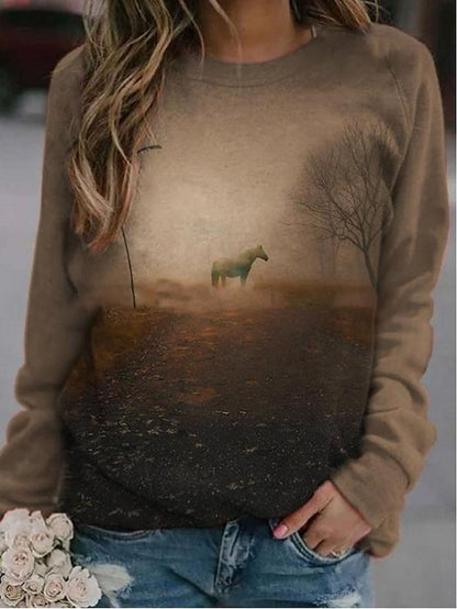 Women's Hoodie Sweatshirt Pullover Streetwear Casual Purple Yellow Khaki Graphic Horse Loose Fit Daily Round Neck Long Sleeve S M L XL XXL - LuckyFash™