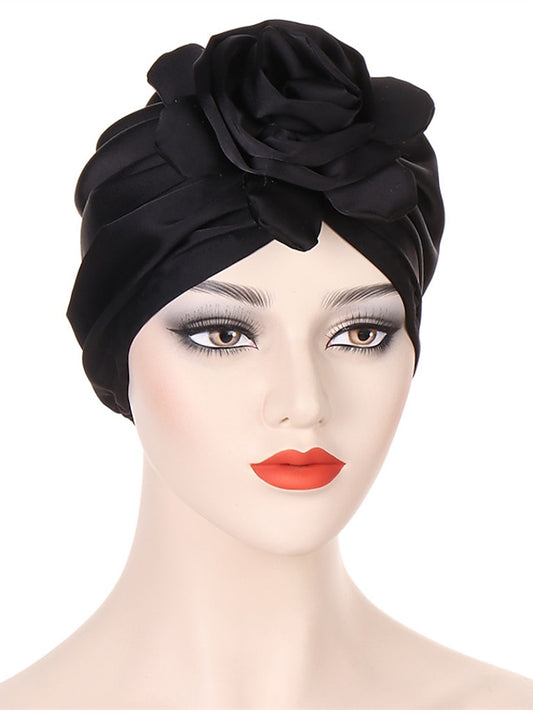 Big Flower Muslim Women Turban Satin Head Wrap Hijab Sleep Night Hat Hair Care Cap Indian Elastic Beanie Ladies Hair Loss Headwear - LuckyFash™