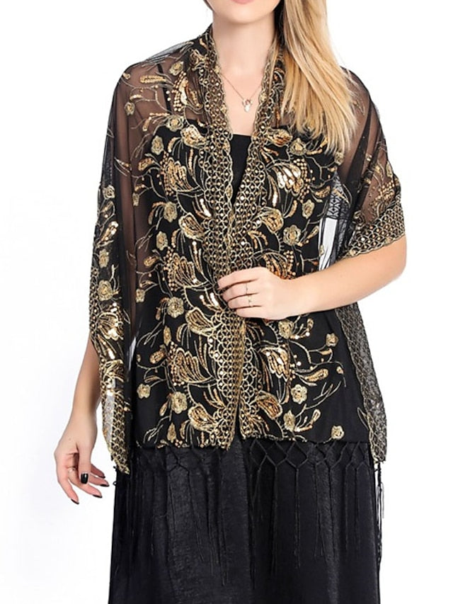 Women's Women's Shawls & Wraps Party Wedding Indoor Light Blue Black White Scarf Embroidered Flower - LuckyFash™