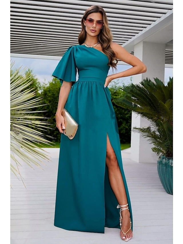 Womenâ€˜s Formal Party Dress Long Dress Maxi Dress Green Black khaki Sleeveless Pure Color Split Winter Fall Spring One Shoulder 2023 S M L XL 2XL - LuckyFash™
