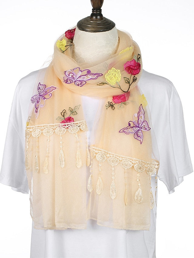 Spring Summer Embroidery Solid Colors Thin Style Hijab Gauze Scarf Women Butterfly Tassel Scarves Daily Dress - LuckyFash™