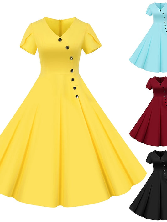 Elegant Romantic Vintage Dress Midi Dress Daily Holiday Button Solid Color V Neck Short Sleeve Regular Fit Summer Spring  Black Yellow S M L XL for Women - LuckyFash™