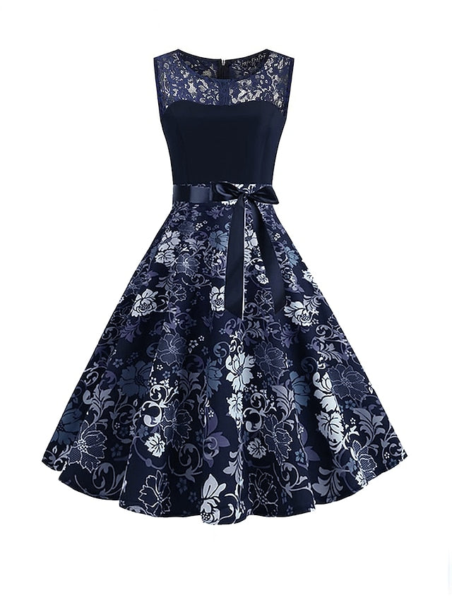 Women's Elegant Retro Vintage Tea Dresses Swing Dress Midi Dress Party Birthday Lace Bow Floral Crew Neck Sleeveless Regular Fit Spring Summer 2023 Dark Blue S M L XL - LuckyFash™