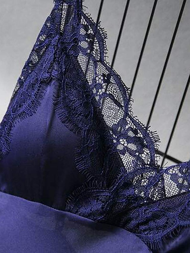 Gift Pajamas Nightgown Home Party Daily Lace Pure Color Polyester Satin Simple Casual Soft Spring Summer V Neck Sleeveless for Women - LuckyFash™